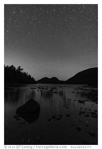 Jordan Pond and Bubbles with starry sky. Acadia National Park (black and white)