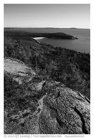 Granite slab and Sand Beach from Gorham Mountain. Acadia National Park (black and white)