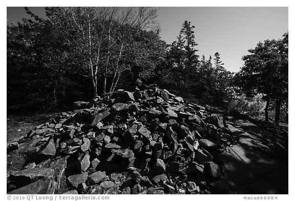 Pile of rocks marking summit of Bar Harbor Island. Acadia National Park (black and white)