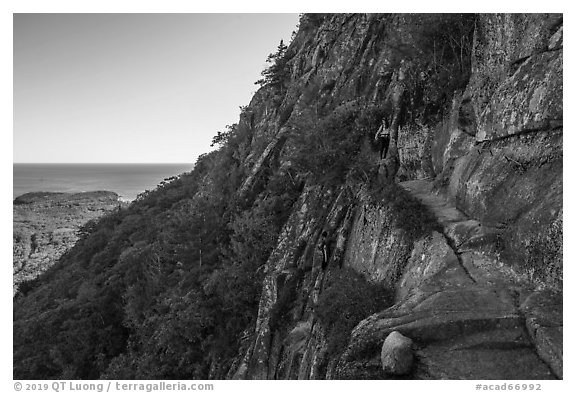 Hikers on Precipice Trail. Acadia National Park (black and white)
