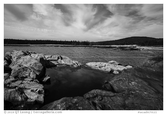 Pool, Arey Cove, and Schoodic Head from Little Moose Island. Acadia National Park (black and white)