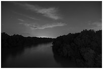 Congaree river at night from Bates Bridge. Congaree National Park ( black and white)