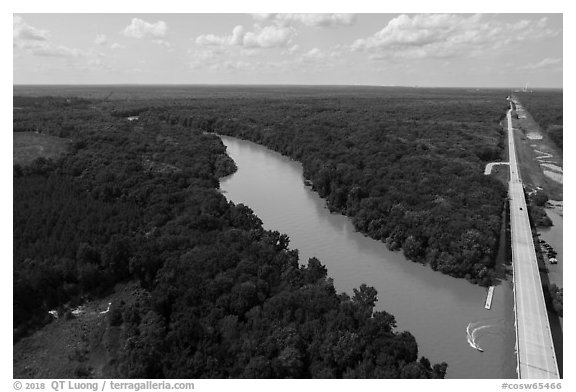 Aerial view of Congaree River, Bates Bridge and flooded landing. Congaree National Park (black and white)