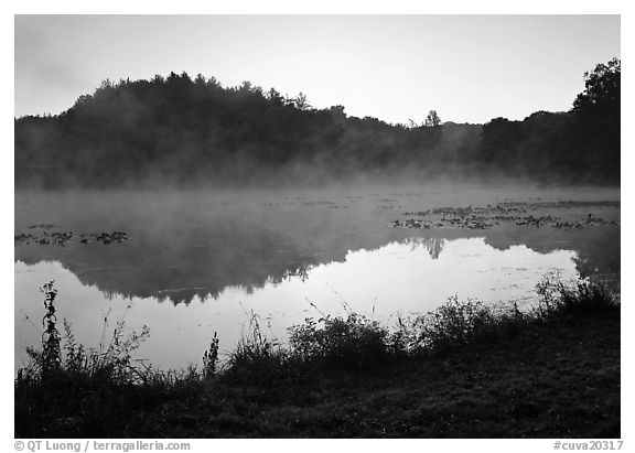 Mist raising from Kendall Lake at sunrise. Cuyahoga Valley National Park (black and white)