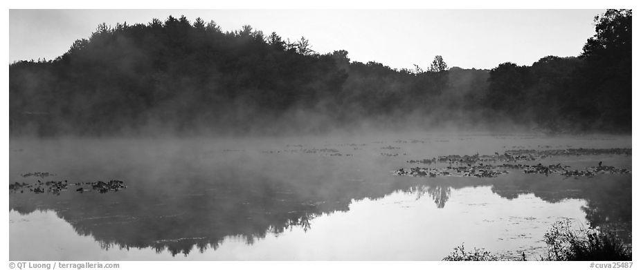 Fog rising of lake at dawn. Cuyahoga Valley National Park (black and white)