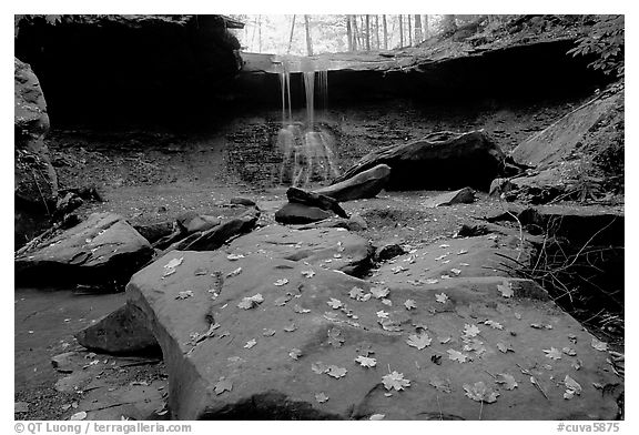 Depression with green rocks and Blue Hen Falls. Cuyahoga Valley National Park (black and white)