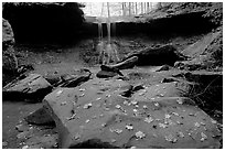 Depression with green rocks and Blue Hen Falls. Cuyahoga Valley National Park, Ohio, USA. (black and white)