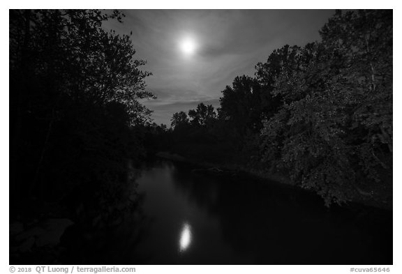 Cuyahoga River and moon at night. Cuyahoga Valley National Park (black and white)
