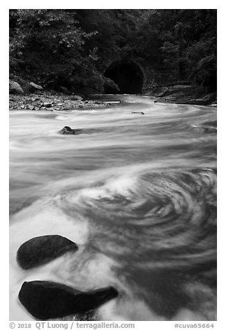 Tinkers Creek flowing into Viaduct Bridge, high flow, Bedford Reservation. Cuyahoga Valley National Park (black and white)