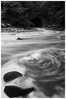 Tinkers Creek flowing into Viaduct Bridge, high flow, Bedford Reservation. Cuyahoga Valley National Park ( black and white)