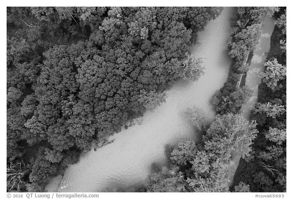 Aerial view of Cuyahoga River and Ohio Erie Canal looking down. Cuyahoga Valley National Park (black and white)