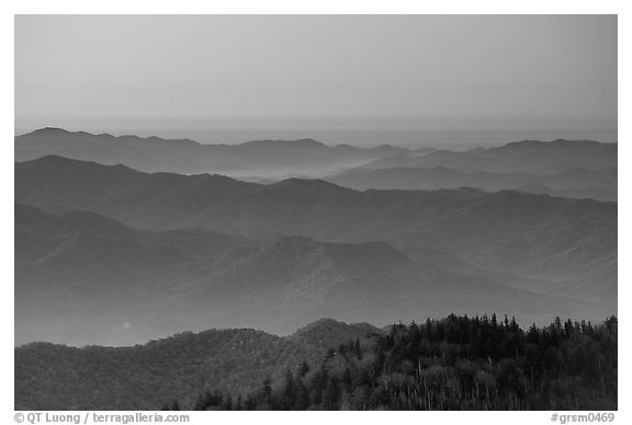 Blue ridges and orange dawn glow from Clingman's dome, North Carolina. Great Smoky Mountains National Park (black and white)