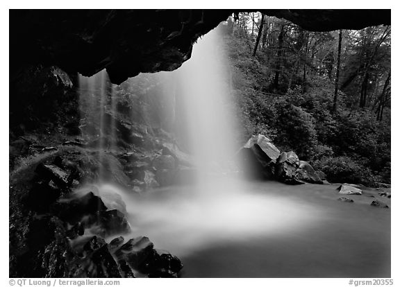 Grotto falls seen from under overhang, Tennessee. Great Smoky Mountains National Park (black and white)