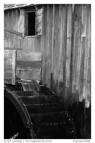 Water flowing on the wheel of mill, Cades Cove, Tennessee. Great Smoky Mountains National Park (black and white)