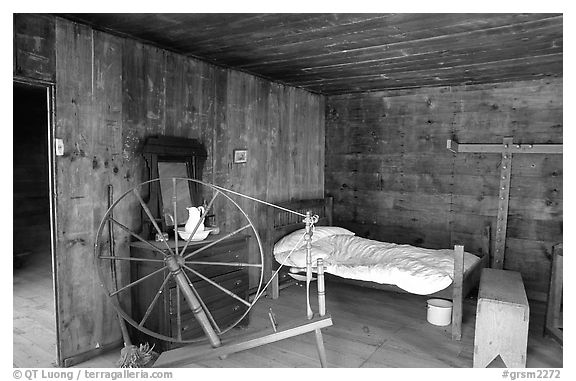 Cabin interior with rural historic furnishings, Cades Cove, Tennessee. Great Smoky Mountains National Park (black and white)