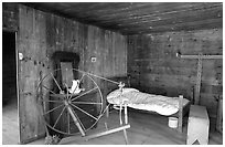 Cabin interior with rural historic furnishings, Cades Cove, Tennessee. Great Smoky Mountains National Park ( black and white)