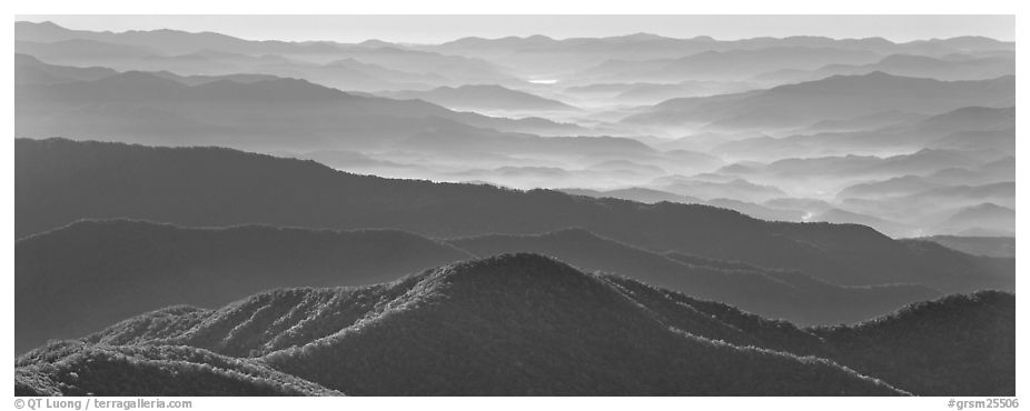 Hazy Appalachian mountaintop ridges. Great Smoky Mountains National Park (black and white)