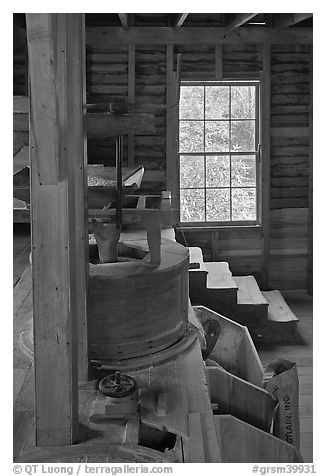 Main room of Mingus Mill, North Carolina. Great Smoky Mountains National Park (black and white)
