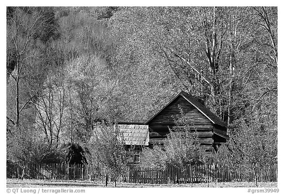 Historic log building, Mountain Farm Museum, North Carolina. Great Smoky Mountains National Park (black and white)