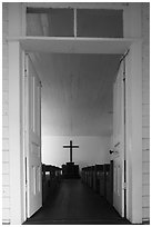 Palmer Chapel doorway and interior,  Cataloochee, North Carolina. Great Smoky Mountains National Park ( black and white)