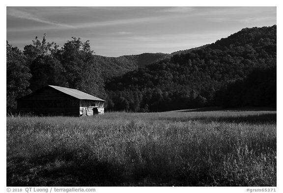 Caldwell Barn and Cataloochee Valley, North Carolina. Great Smoky Mountains National Park (black and white)