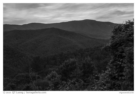 Mount Sterling at sunset from Cataloochee Overlook, North Carolina. Great Smoky Mountains National Park (black and white)