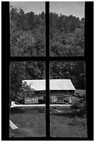 Caldwell Barn from Caldwell House window, Cataloochee, North Carolina. Great Smoky Mountains National Park ( black and white)
