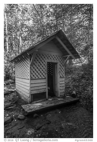 Laundry shack over stream, Caldwell House, Cataloochee, North Carolina. Great Smoky Mountains National Park (black and white)