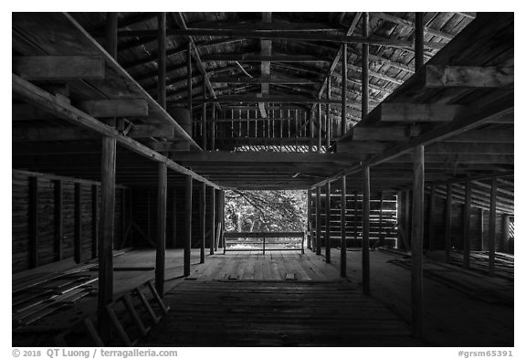 Inside Palmer Barn, Little Cataloochee, North Carolina. Great Smoky Mountains National Park (black and white)