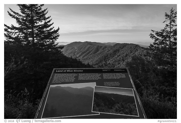 Land of blue smoke interpretive sign, North Carolina. Great Smoky Mountains National Park (black and white)