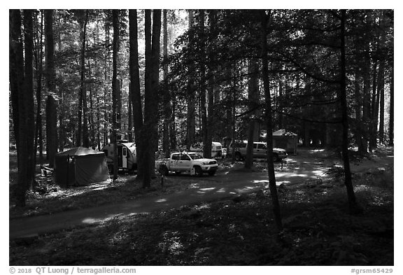 Trailer camping at Elkmont Campground, Tennessee. Great Smoky Mountains National Park (black and white)