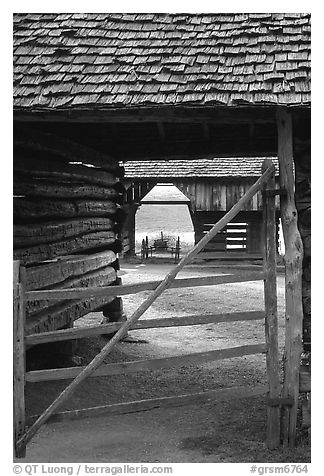 Barn seen through another barn, Cades Cove, Tennessee. Great Smoky Mountains National Park (black and white)