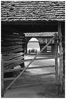 Barn seen through another barn, Cades Cove, Tennessee. Great Smoky Mountains National Park, USA. (black and white)