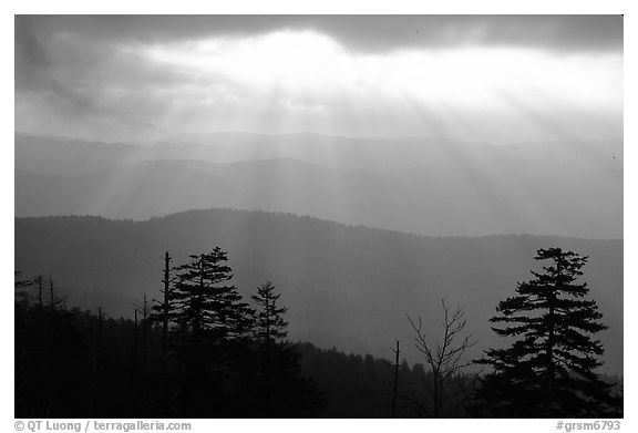 Sunrays over ridges, early morning, North Carolina. Great Smoky Mountains National Park (black and white)