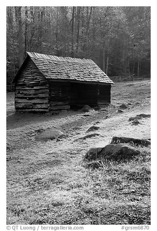 Cabin at Jim Bales place, early morning, Tennessee. Great Smoky Mountains National Park (black and white)