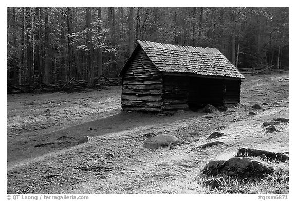 Jim Bales log Cabin in meadow, early morning, Tennessee. Great Smoky Mountains National Park (black and white)