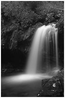 Grotto falls in darkness of dusk, Tennessee. Great Smoky Mountains National Park, USA. (black and white)
