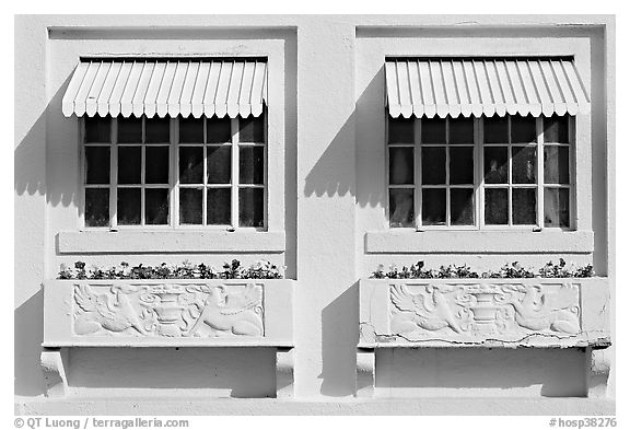 Windows and shades, Ozark Baths. Hot Springs National Park (black and white)