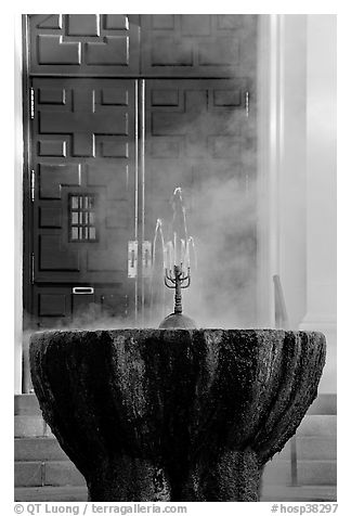 Fountain with thermal steam outside Park Visitor Center. Hot Springs National Park (black and white)