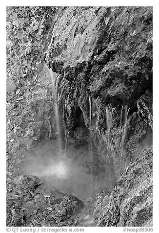 Water from hot springs flowing over tufa rock. Hot Springs National Park (black and white)
