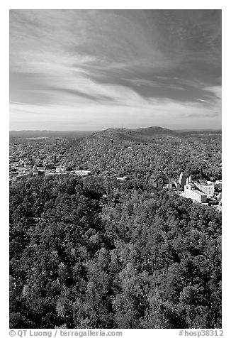 View over tree-covered hills in the fall. Hot Springs National Park (black and white)