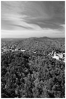 View over tree-covered hills in the fall. Hot Springs National Park, Arkansas, USA. (black and white)