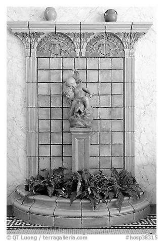 Cherub fountain in entrance hall, Fordyce Baths. Hot Springs National Park (black and white)