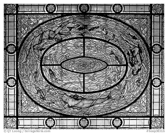 Stained glass on ceiling of men's room. Hot Springs National Park (black and white)