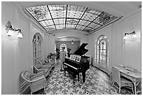 Piano and gallery in assembly room. Hot Springs National Park ( black and white)