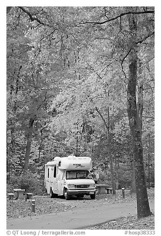 RV in campground with fall colors. Hot Springs National Park, Arkansas, USA.