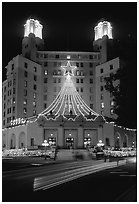 Arlington Hotel at night with Christmas lights. Hot Springs, Arkansas, USA (black and white)