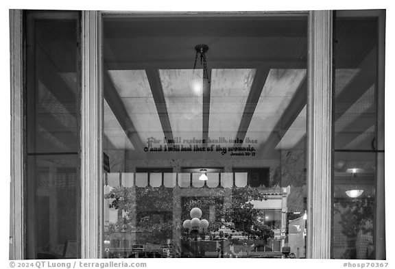 Central Avenue window reflexion, Fordyce Bathhouse Visitor Center and Museum. Hot Springs National Park (black and white)