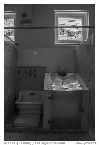 Sitz tub and head-out vapour cabinet below stained glass, Fordyce Bathhouse. Hot Springs National Park (black and white)