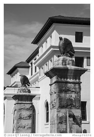 Columns toped with eagles. Hot Springs National Park (black and white)